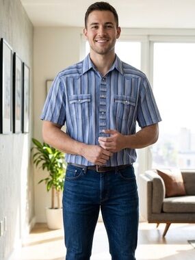 LEVI’S Blue Striped Short-Sleeve Western Shirt. Size XL